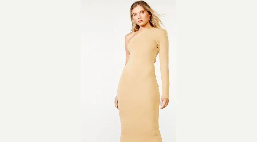 Katrus Beige Cocktail Fitted One-Shoulder Dress