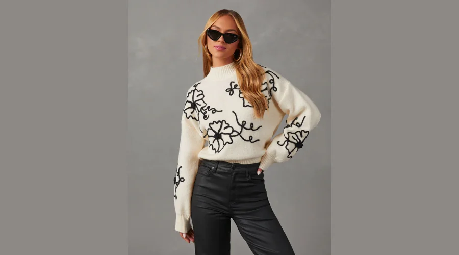 Abstract Garden Floral Pullover Sweater 