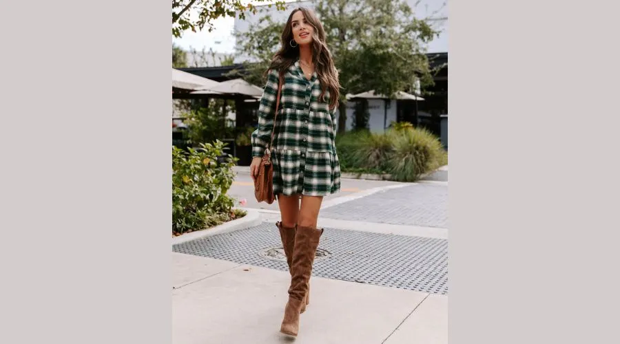 Faithful One Babydoll Dress in Green with Plaid