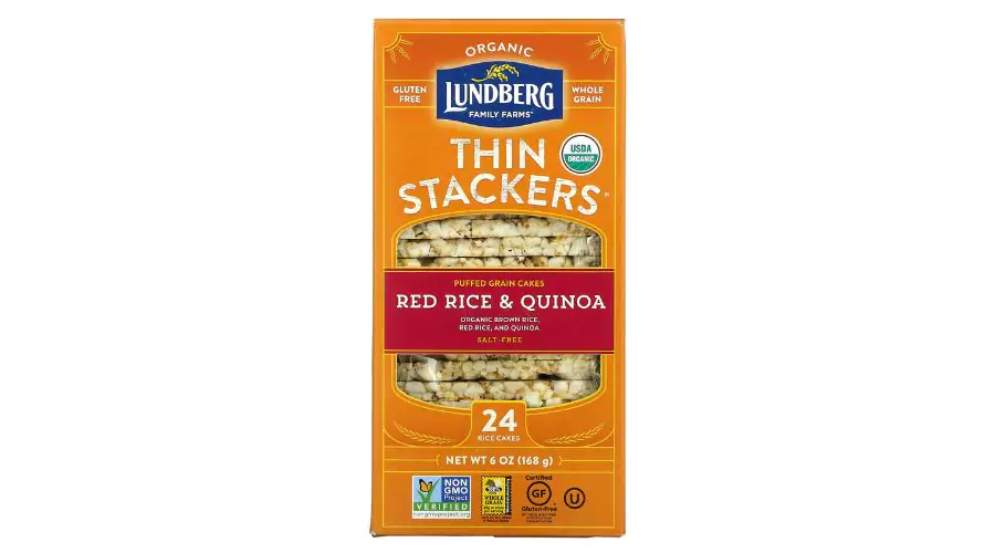 Lundberg, Organic Thin Stackers, Puffed Grain Cakes, Red Rice & Quinoa, Salt-Free, 24 Rice Cakes